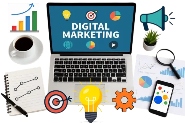 Image showing laptop, marketing tools, and graph representing a Digital Marketing Company in Lucknow